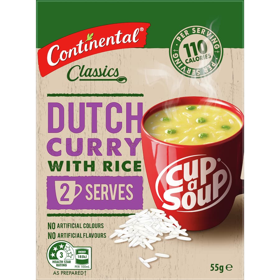 Cup A Soup featuring Dutch Curry with Rice, offering rich flavors and wholesome ingredients in a convenient snack.