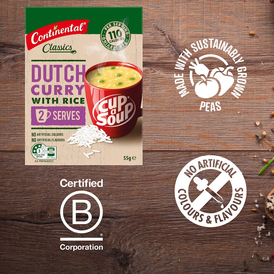 A warming bowl of Continental Classics Dutch Curry with Rice Cup A Soup, made with quality ingredients for a quick snack.
