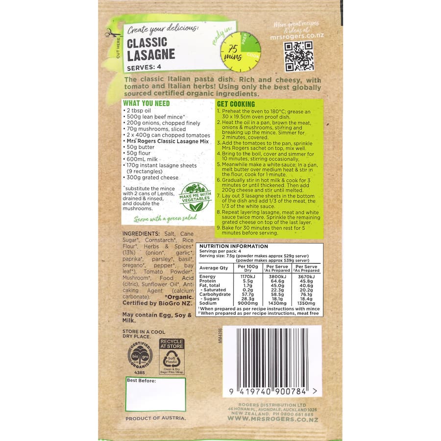 Mrs Rogers Organic Recipe Base Lasagne with wholesome ingredients for a healthy, flavorful family meal revolution.