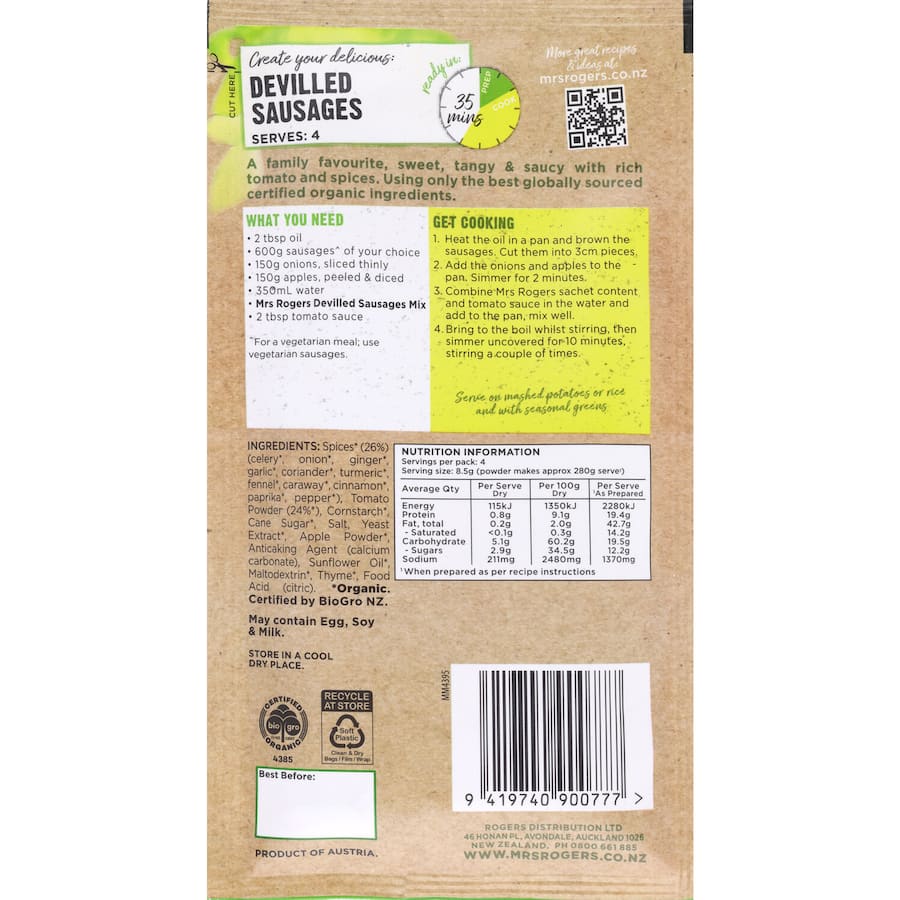 Mrs Rogers Organic Recipe Base for Devilled Sausages, featuring premium ingredients for quick, flavorful, and healthy meals.