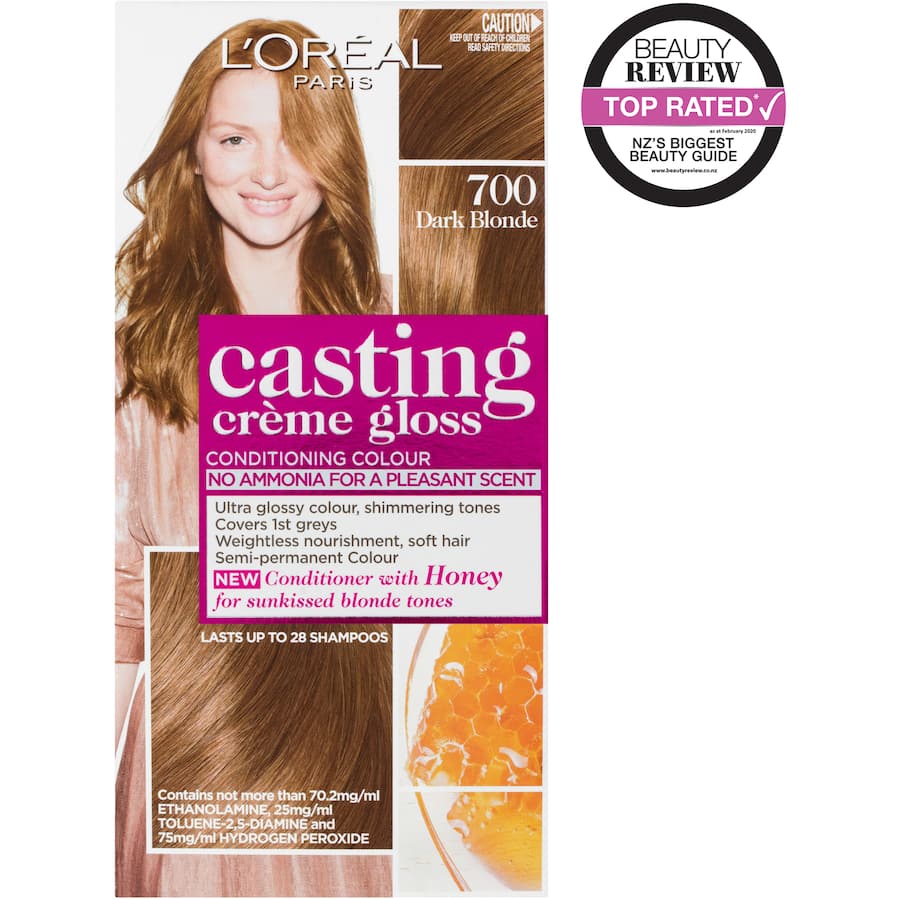 L'oreal Paris Casting Hair Colour Creme Gloss Dark Blonde 700, ammonia-free hair dye for vibrant, glossy hair with honey nourishment.