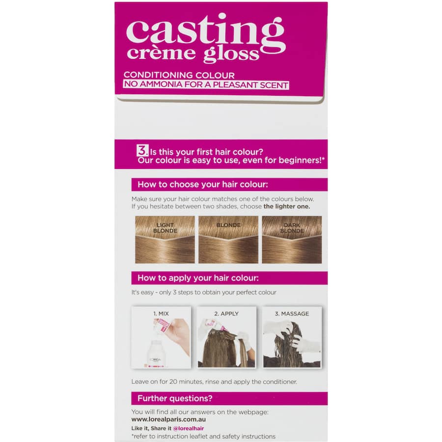 L'oreal Paris Casting Hair Colour Creme Gloss in Dark Blonde 700, ammonia-free, nourishes hair for a glossy, natural look.