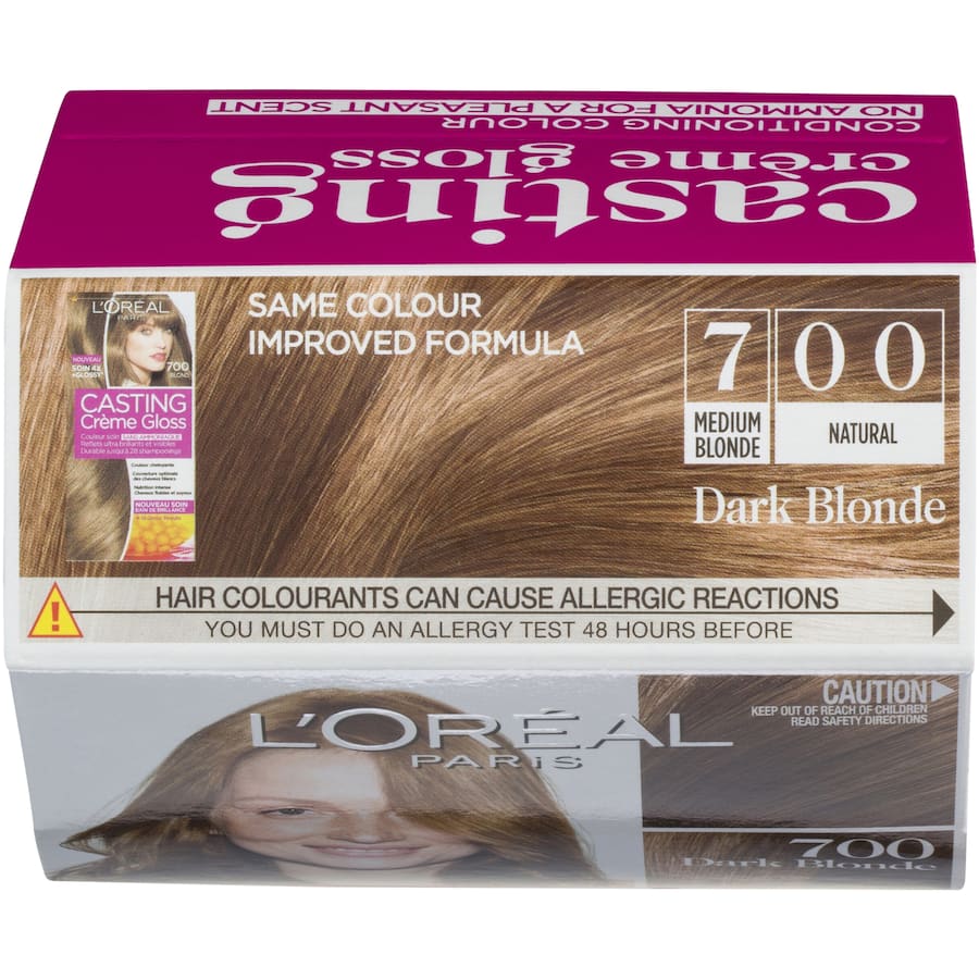 L'oreal Paris Casting Hair Colour Creme Gloss in Dark Blonde 700, offering vibrant, glossy color with honey nourishment.