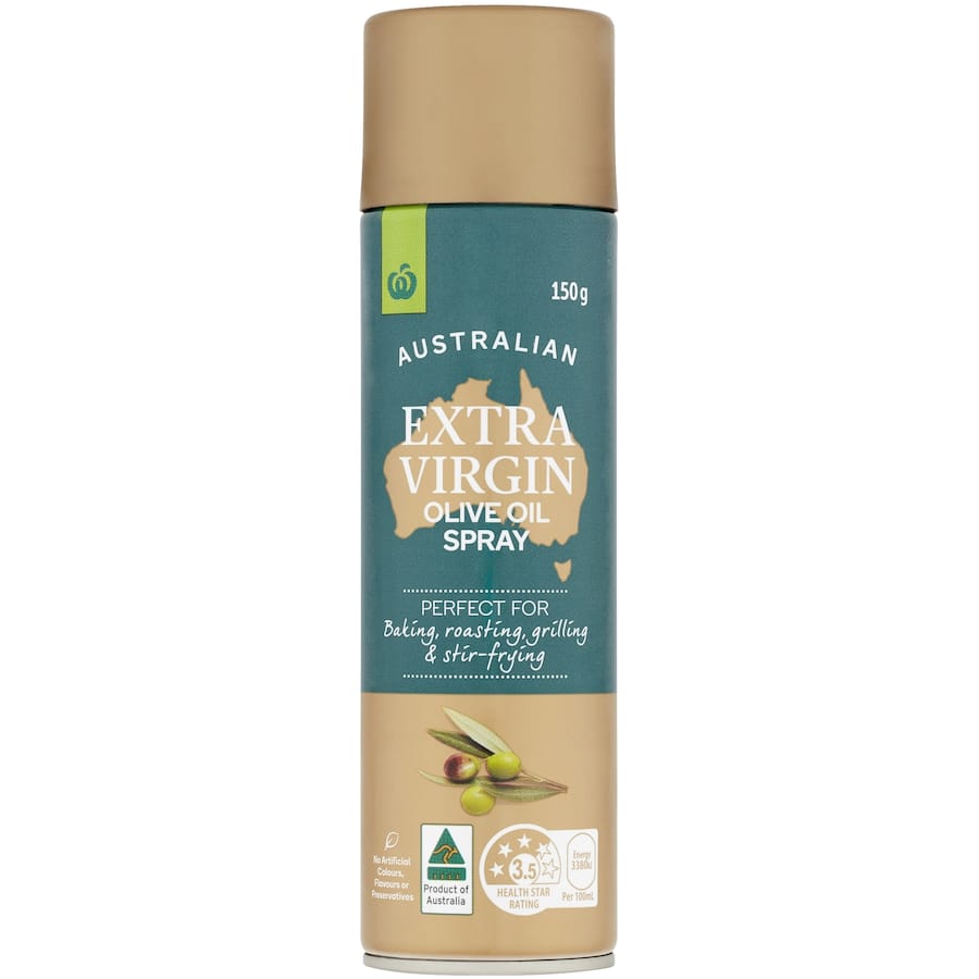 Woolworths Cooking Spray Extra Virgin Olive Oil, a fruity, healthy option for sautéeing and grilling without artificial additives.