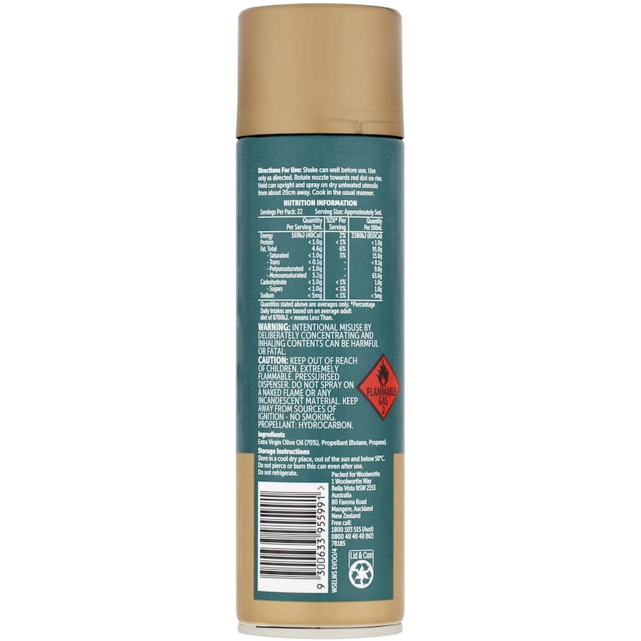 Woolworths Cooking Spray Extra Virgin Olive Oil in a convenient bottle, ideal for healthy cooking with rich, fruity flavor.