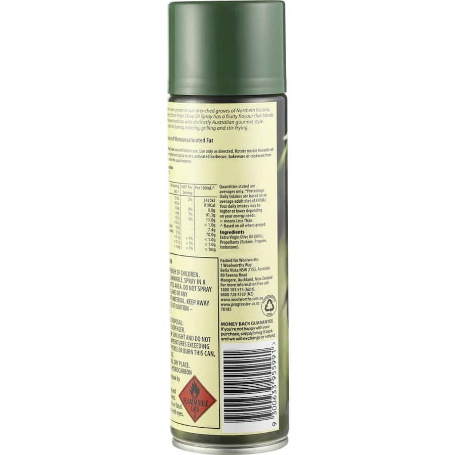 Woolworths Cooking Spray Extra Virgin Olive Oil, perfect for healthy cooking with fruity flavor and no artificial additives.
