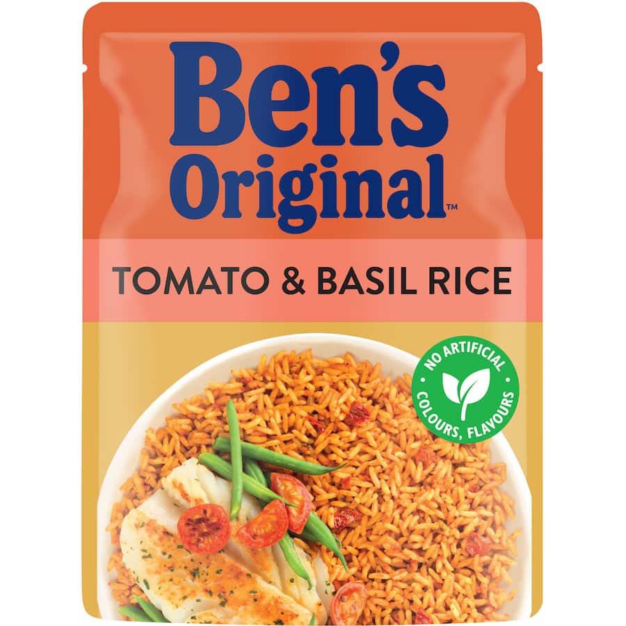 Bens Original Tomato & Basil Microwave Rice, ready in 90 seconds, made with natural ingredients for a quick flavorful meal.