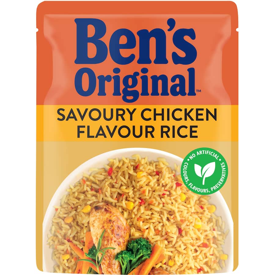 Delicious Ben's Original Microwave Rice Chicken Flavour, featuring long grain rice, capsicum, corn, and carrots, ready in 90 seconds.