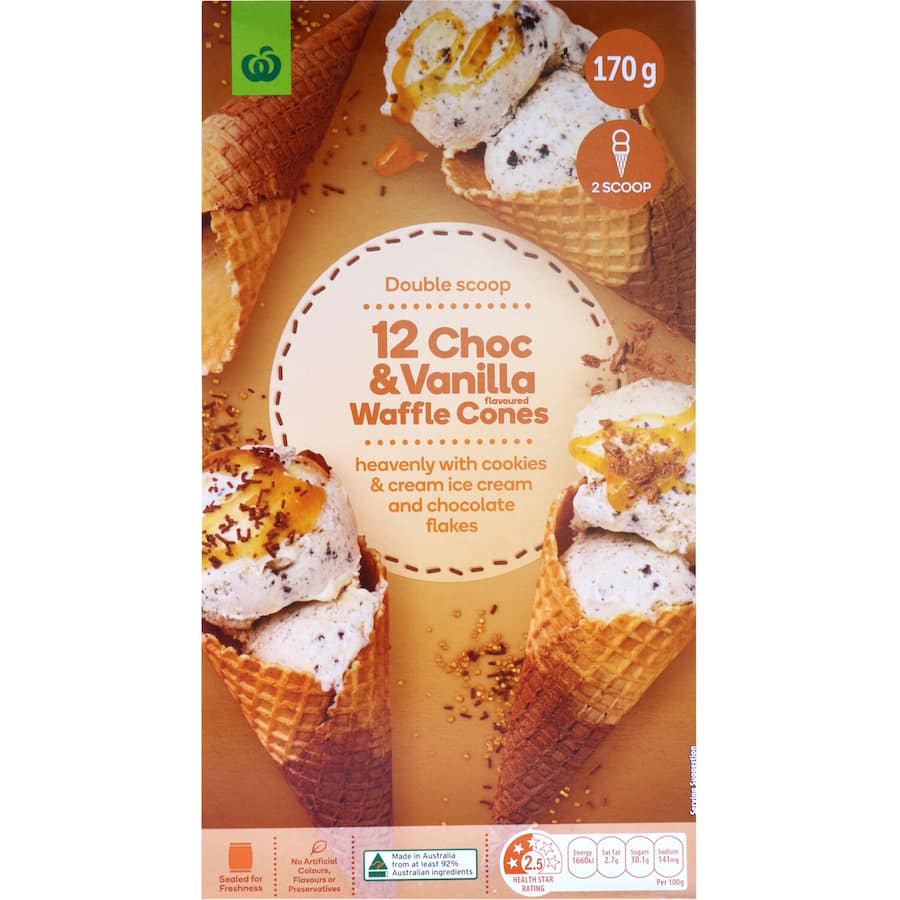 Woolworths Vanilla Choc Duo Waffle Cones in 170g pack, featuring crunchy cones with creamy vanilla and rich chocolate flavors.