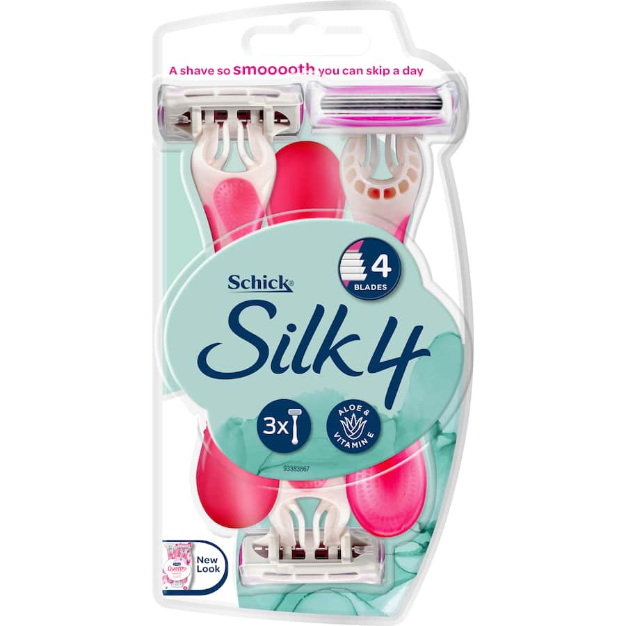 Schick Silk 4 Disposable Razor with aloe and vitamin E, featuring 4 ultra-thin blades for a close, irritation-free shave.