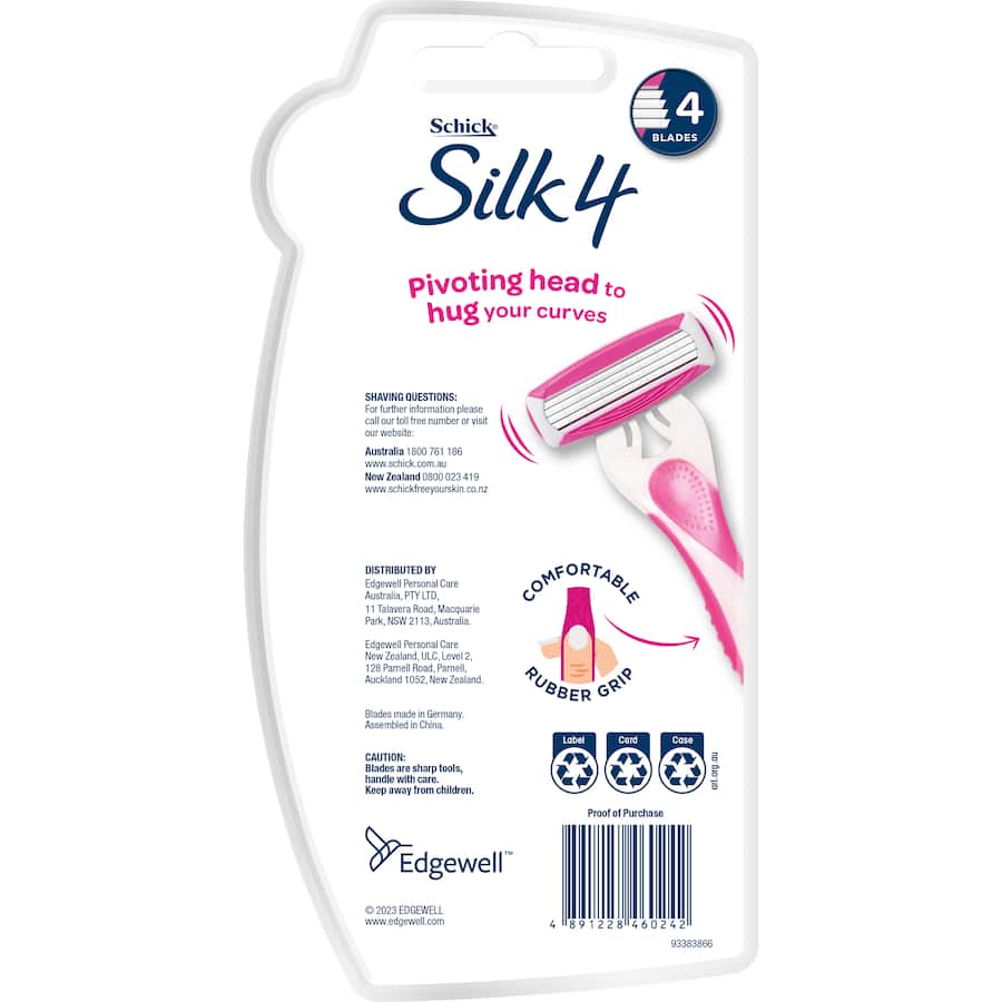 Schick Silk 4 Disposable Razor with 4 blades, aloe, and vitamin E for a smooth, irritation-free shave. Perfect for travel.