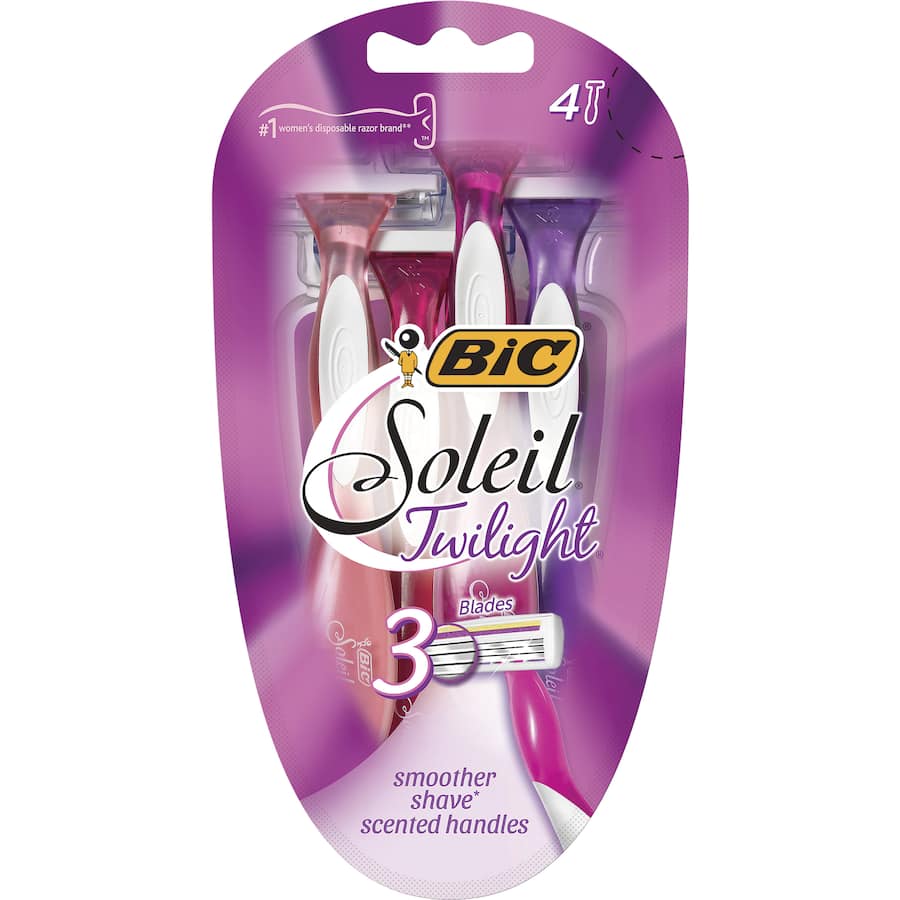 BIC Soleil Twilight Lavender disposable razors with triple blades, curved handle, and vitamin E strips for a smooth, scented shave.