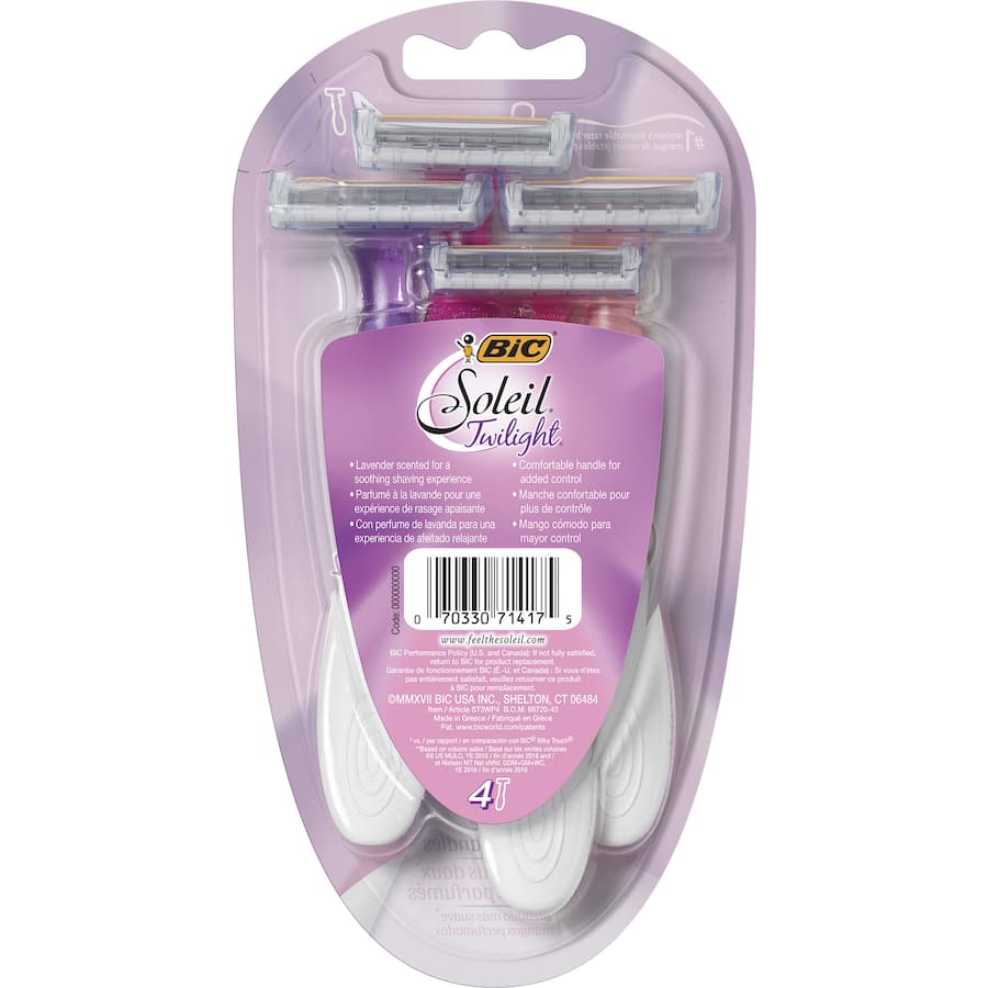 BIC Soleil Disposable Razors in Twilight Lavender, featuring triple blades, curved handles, and a soothing fragrance.