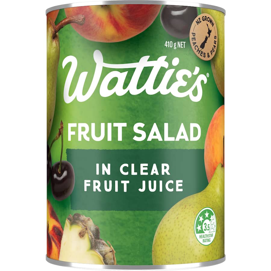 Wattie's Fruit Salad in Clear Juice features NZ-grown peaches, pears, pineapple, and cherries, perfect for healthy snacking and meal prep.