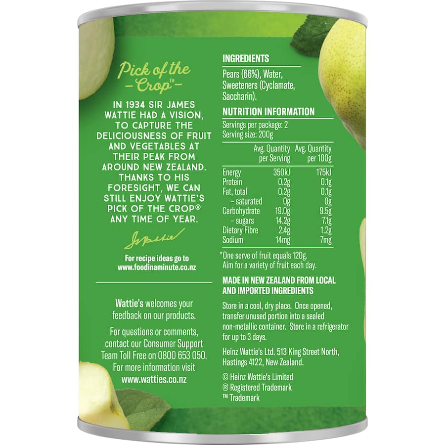Watties Pears Quarters No Added Sugar Can 400g