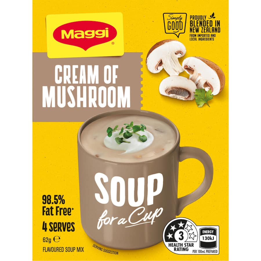 Creamy Maggi instant soup in a cup, rich in mushroom flavor for quick, convenient meals anytime.