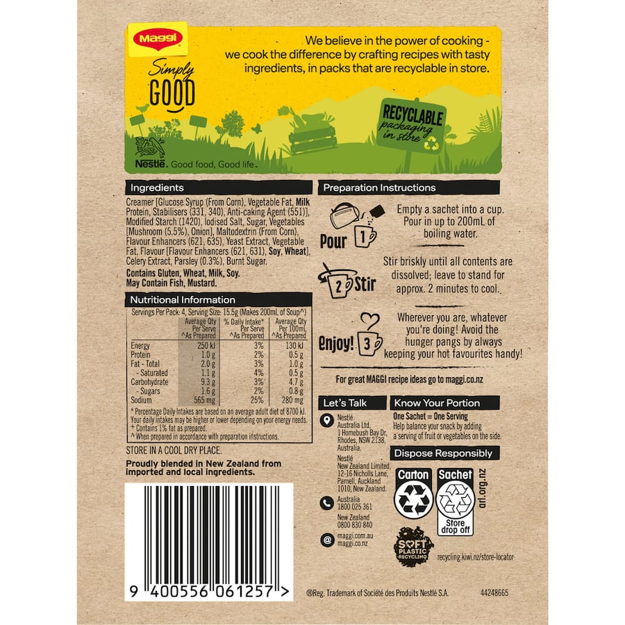 Maggi Soup For A Cup Cream Of Mushroom, instant, rich and creamy, perfect for quick snacks or light meals on the go.