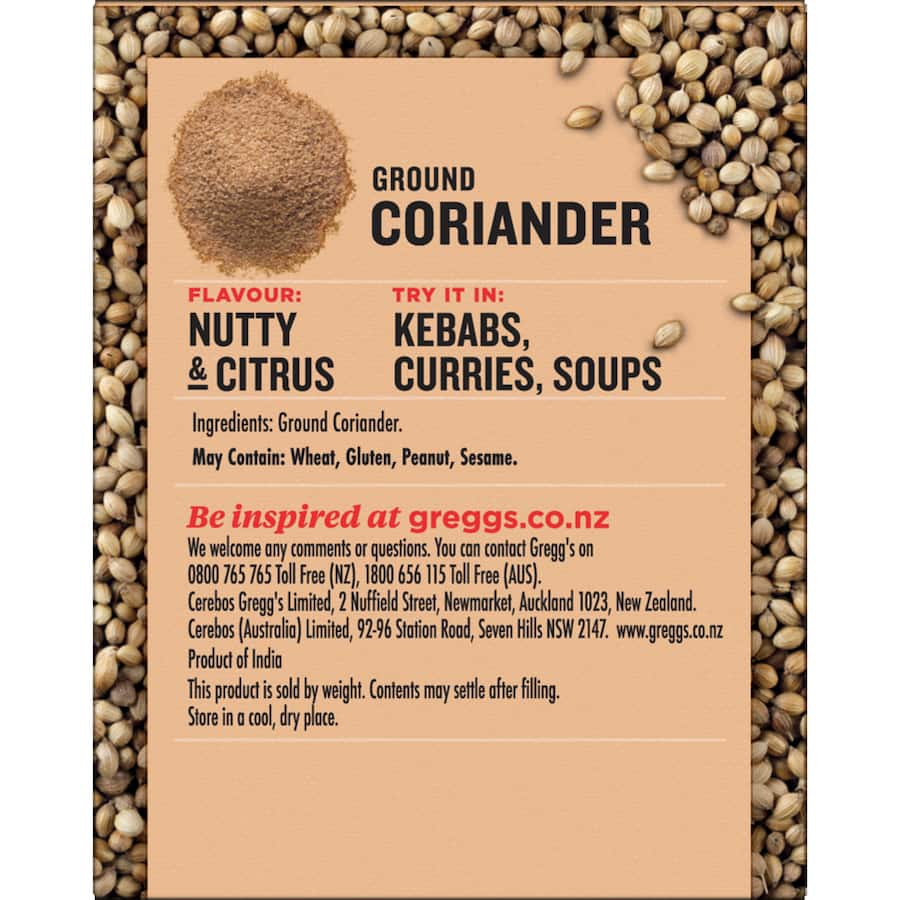 Ground coriander from Greggs, featuring a nutty and citrus flavor, ideal for curries, soups, and marinades.
