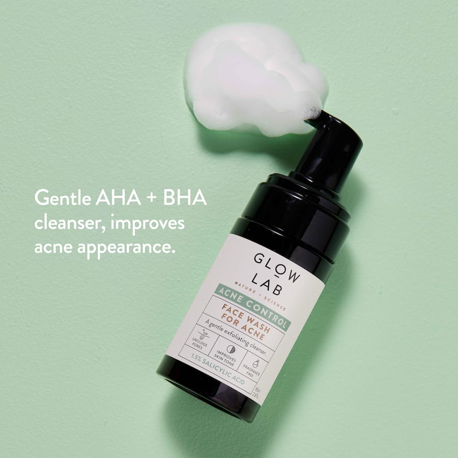 Gentle AHA + BHA face wash for acne-prone skin, featuring Salicylic Acid, Lactic Acid, and soothing natural ingredients.