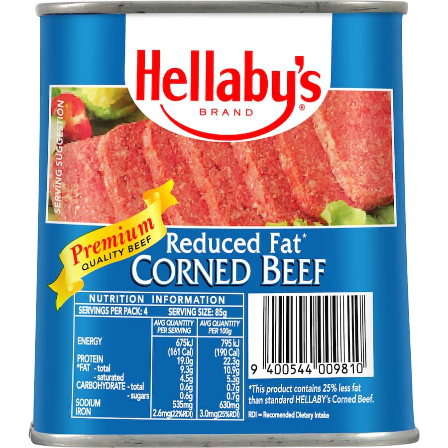 Hellabys Reduced Fat Corned Beef, premium quality beef with 25% less fat, ideal for sandwiches and quick meals.