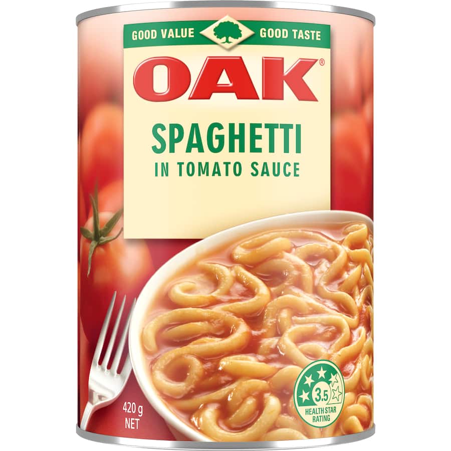 Canned Oak Spaghetti in Tomato Sauce, a quick meal staple, perfect for snacks or comforting dinners, healthy and versatile.