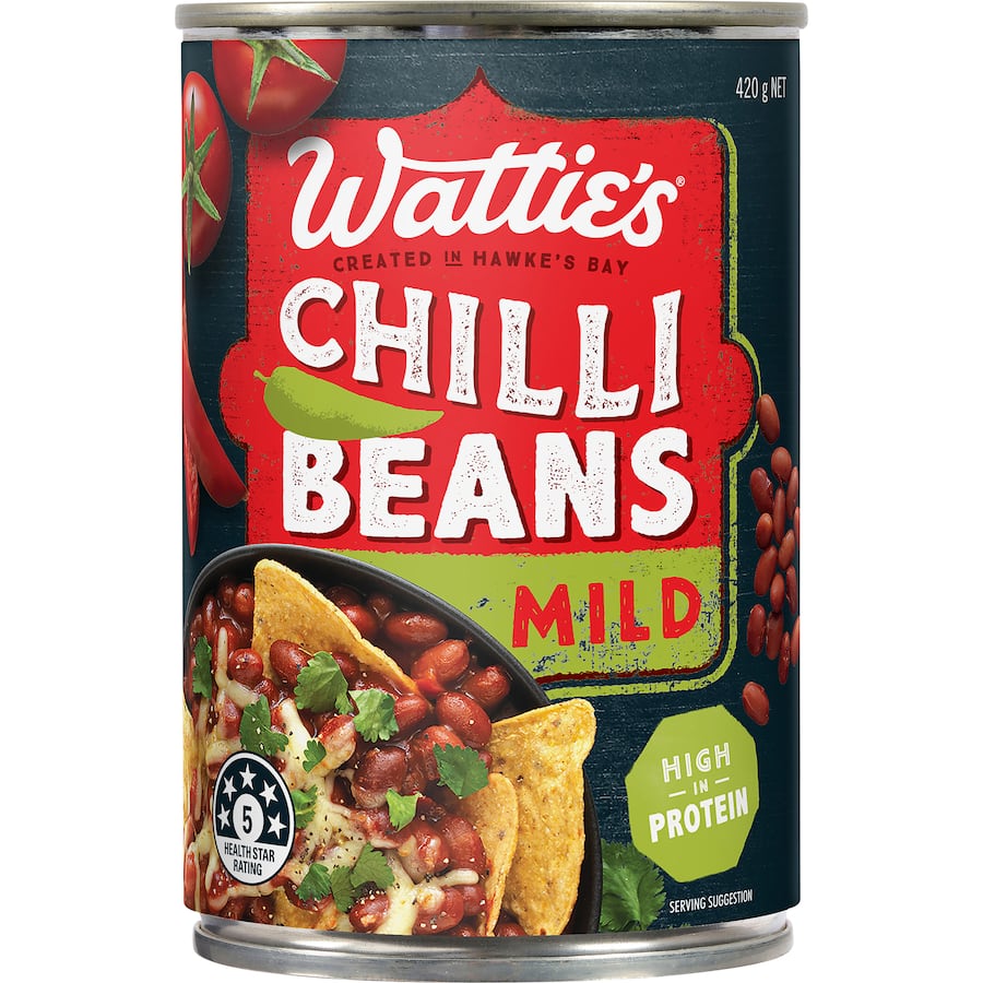 A can of Wattie's Chilli Beans Mild, perfect for tacos, burritos, and nachos with no preservatives or added colors.