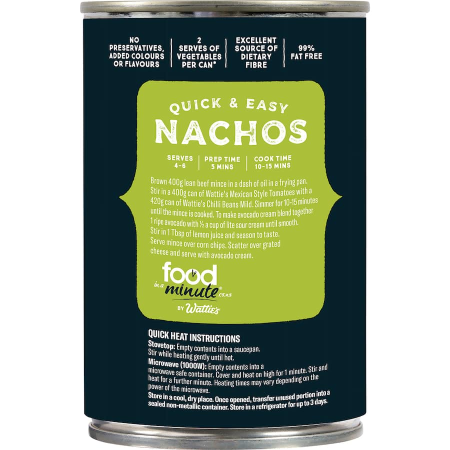 Wattie's Chilli Beans Mild in a can, perfect for tacos, burritos, nachos, and dips, made with no preservatives or additives.