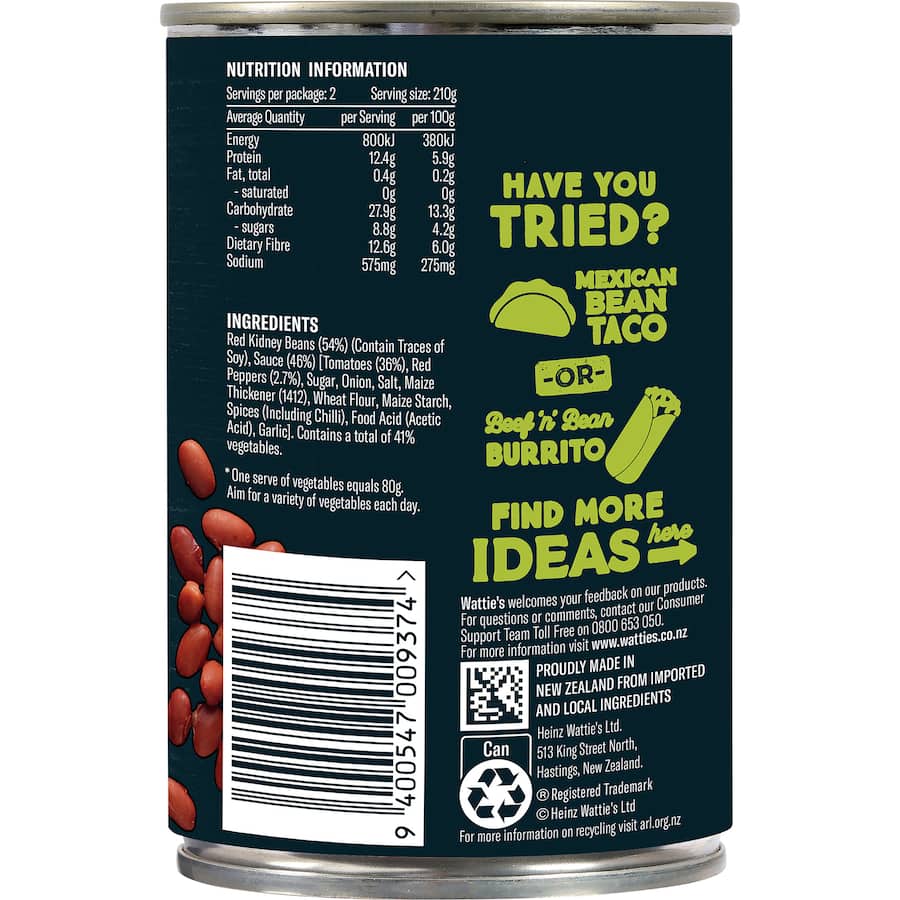 Wattie's Chilli Beans Mild in a can, perfect for tacos, burritos, and nachos with a mild flavor and no preservatives.