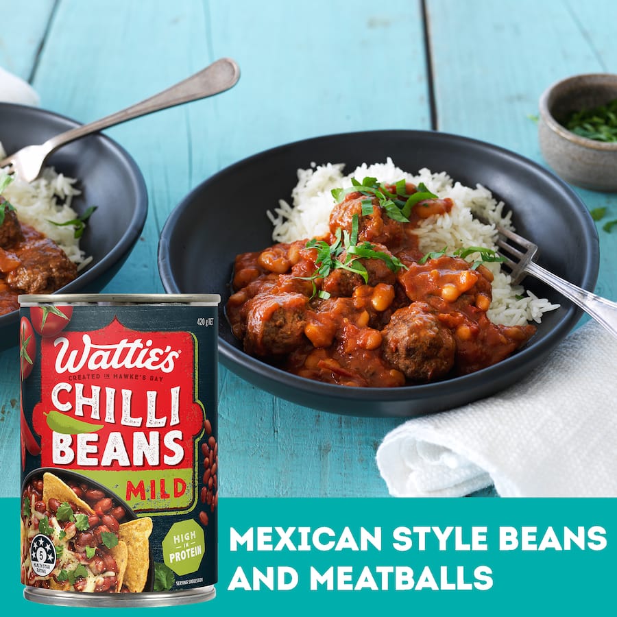 Wattie's Chilli Beans Mild in a can, perfect for tacos, burritos, and dips with no preservatives and a mild flavor.
