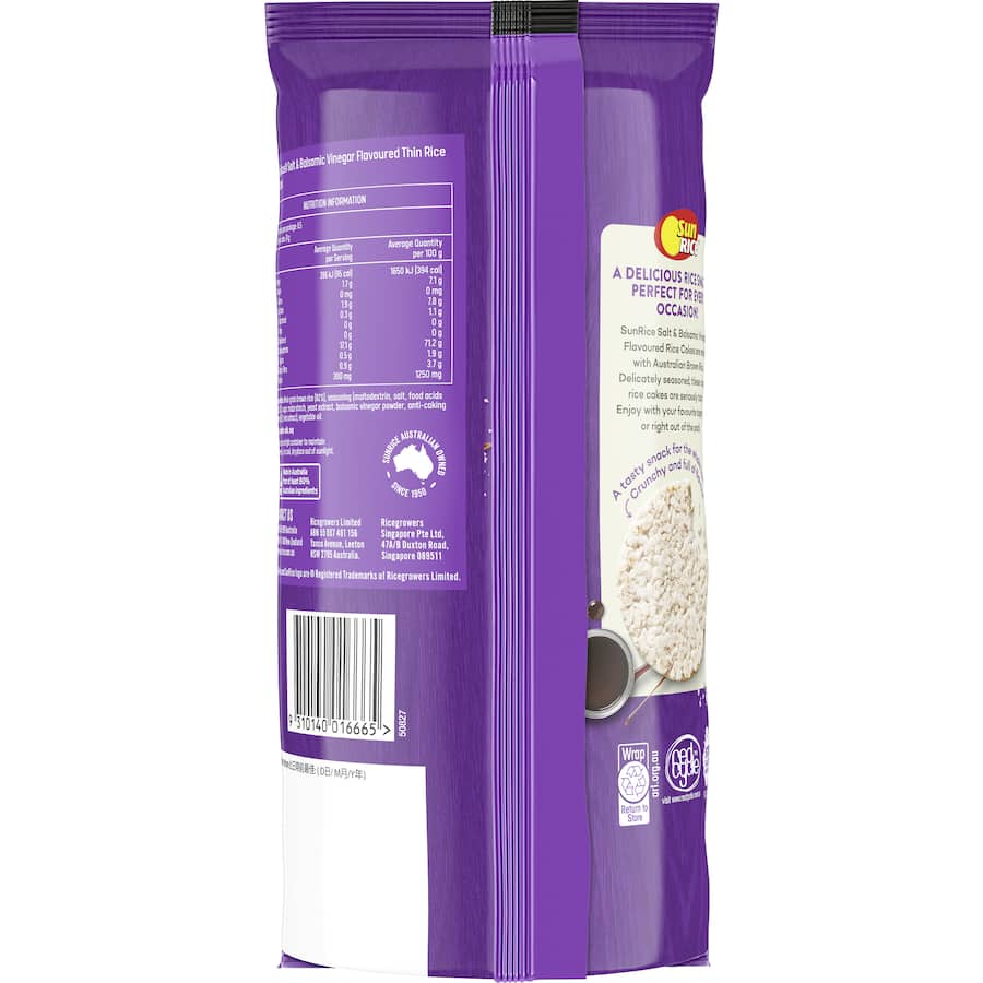 Crispy Sunrice Rice Cakes in salt and vinegar flavor, made from Australian brown rice, gluten-free and wholesome.