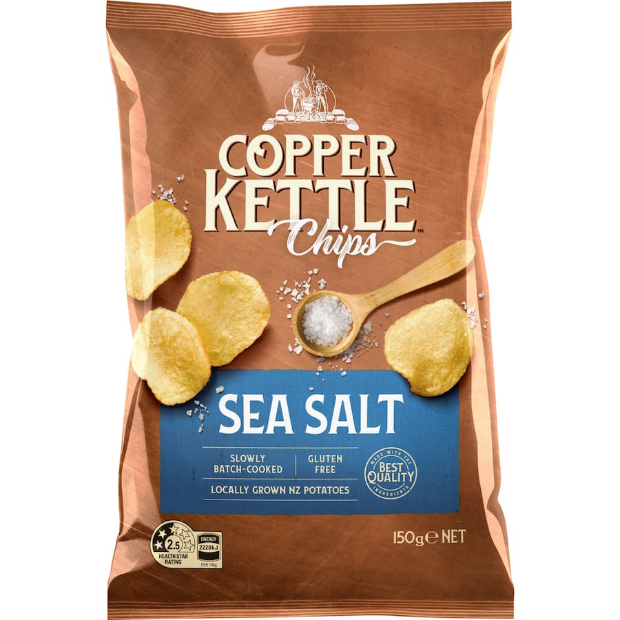 Delicious Copper Kettle Chips Sea Salt made from New Zealand potatoes, slow-cooked for a perfect crunch and seasoned with sea salt.