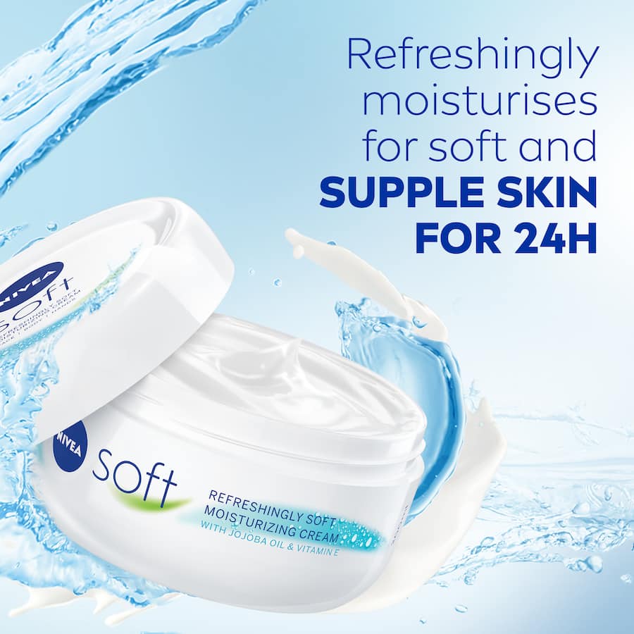 Nivea Soft Day Cream: lightweight moisturizer with Jojoba and Vitamin E for all skin types, providing lasting hydration.