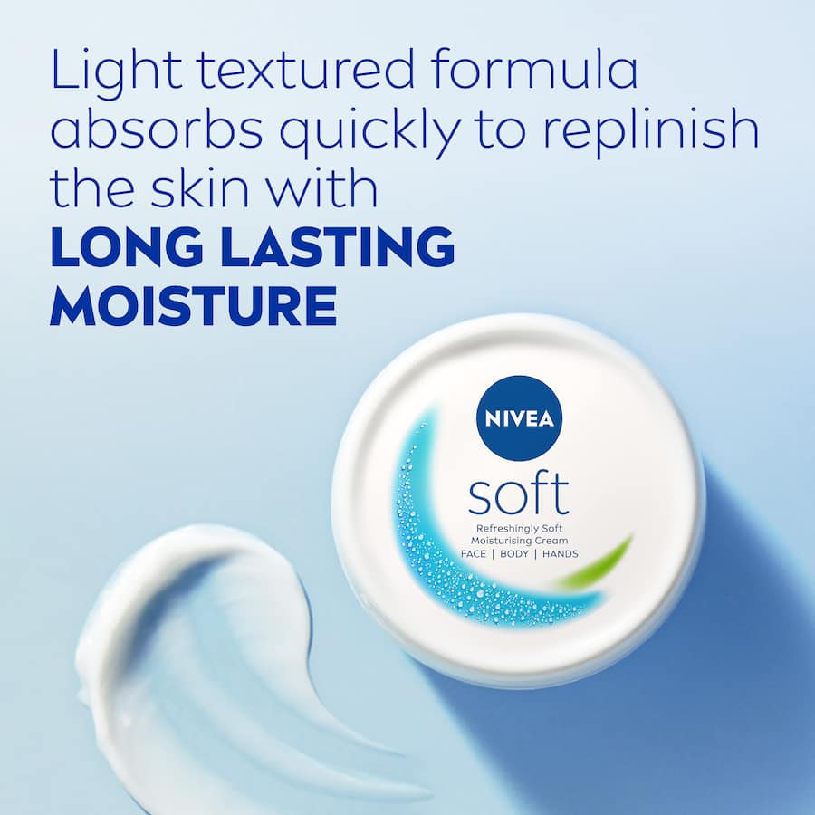 Nivea Soft Day Cream with Jojoba & Vitamin E in a compact pot, providing intense hydration for all skin types, fast-absorbing and non-greasy.