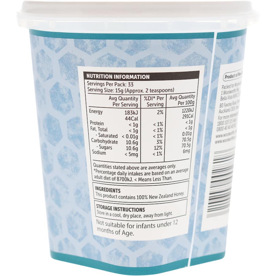 Woolworths Creamed Honey in a jar, showcasing its smooth, spreadable texture and rich golden color, perfect for sweetening dishes.