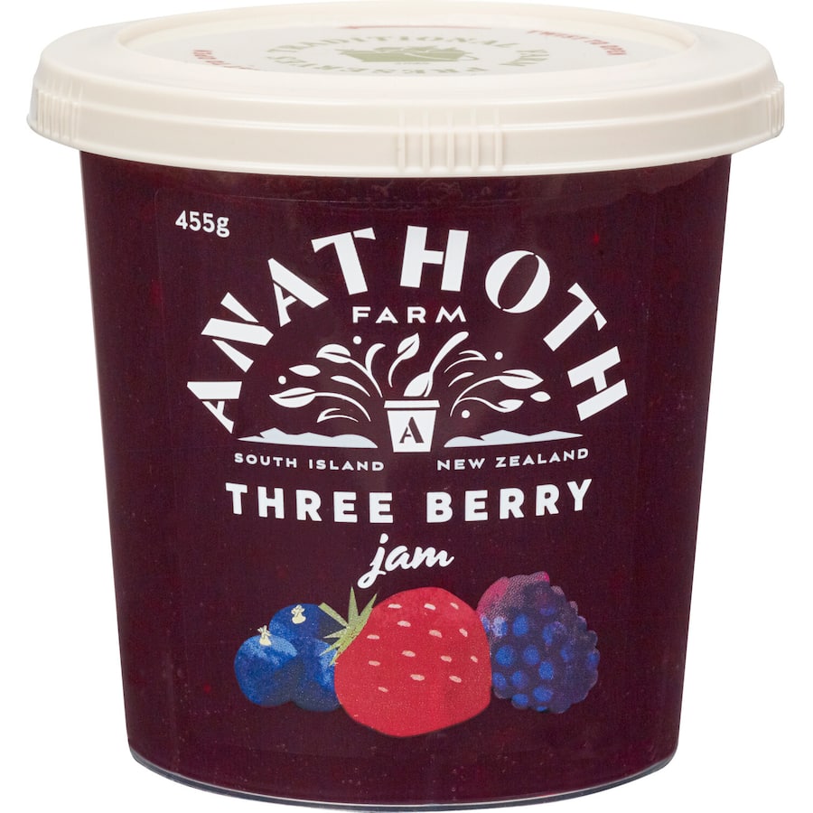 Anathoth Farm Mixed Berry Jam featuring strawberries, boysenberries, and blackcurrants, perfect for spreading and pairing.