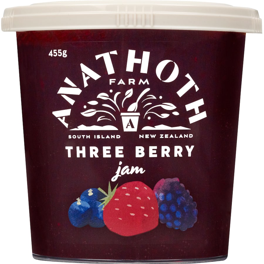 Anathoth Farm Mixed Berry Jam featuring strawberries, boysenberries, and blackcurrants, perfect for toast and desserts.