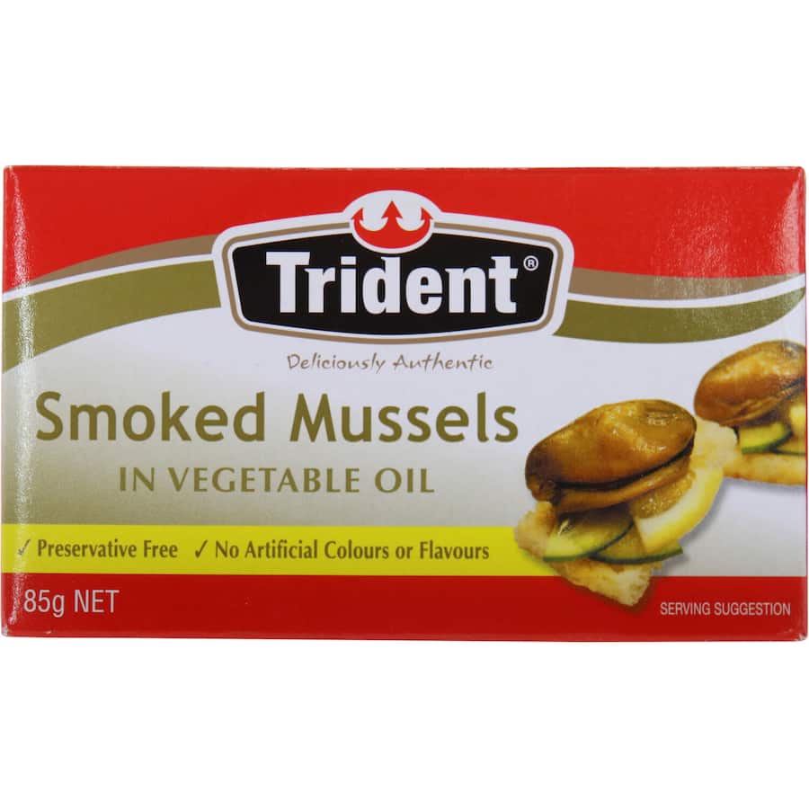 Canned Trident Mussels smoked in vegetable oil, showcasing rich flavor, perfect for gourmet snacking or antipasto platters.