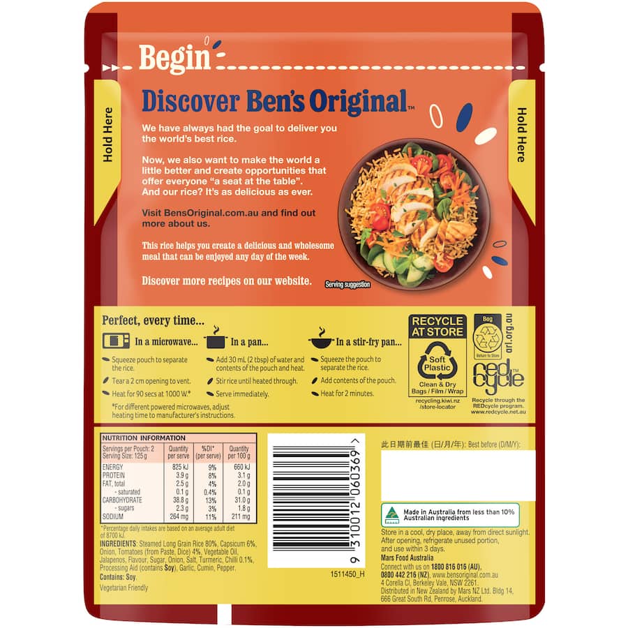Bens Original Microwave Rice Mexican features zesty rice with tomatoes, capsicum, and jalapenos, ready in 90 seconds.