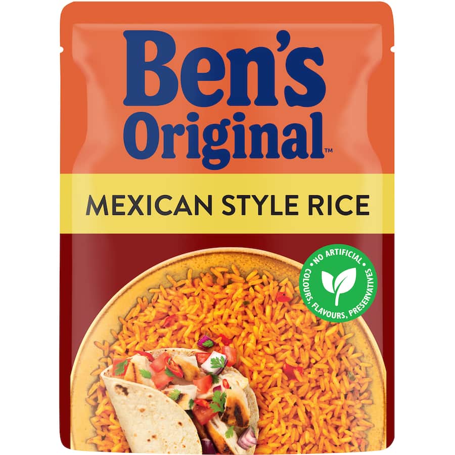 Bens Original Microwave Rice Mexican featuring long grain rice, tomatoes, capsicum, and jalapenos for quick, flavorful meals.