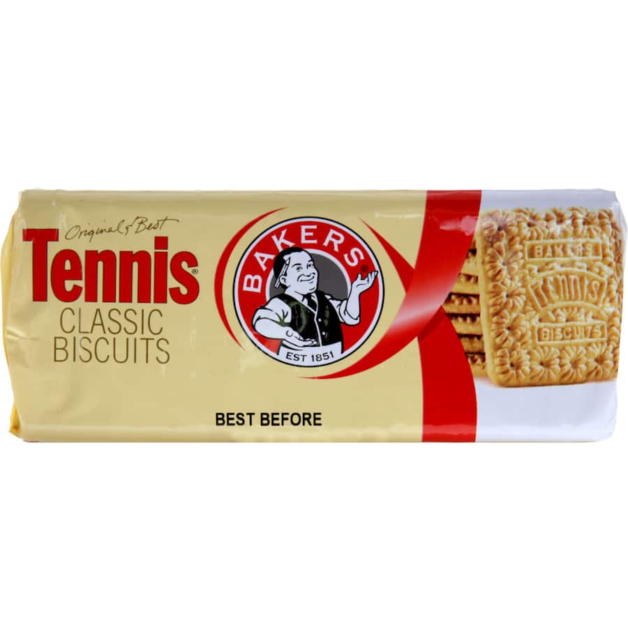 Crispy, buttery Bakers Plain Biscuits Tennis, perfect for snacking with tea or spreads, sealed for freshness.