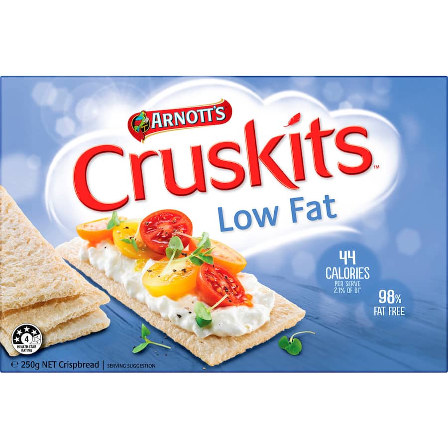 Arnotts Cruskits Crispbread Low Fat: 98% fat-free, all-natural, low in calories, ideal for healthy snacking and meal toppings.