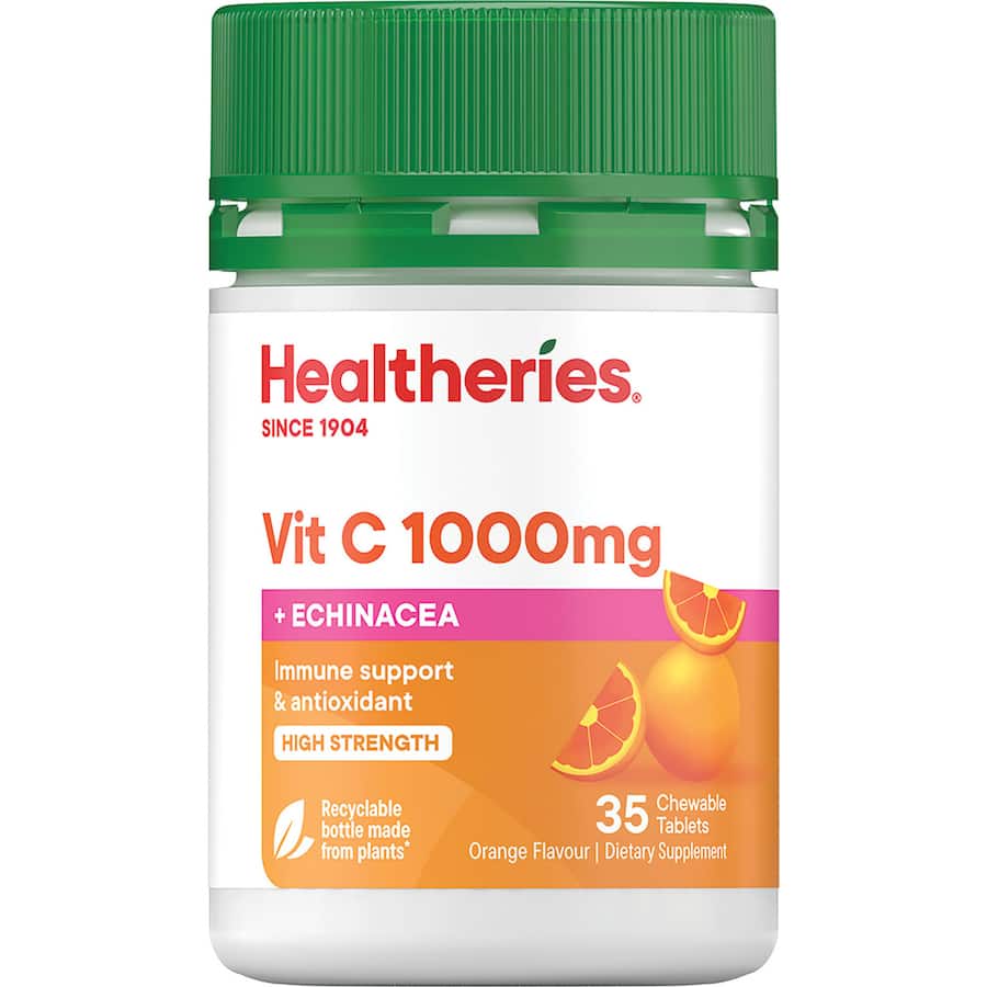 Healing orange-flavored chewable tablets with Vitamin C and Echinacea for immune support and respiratory health.