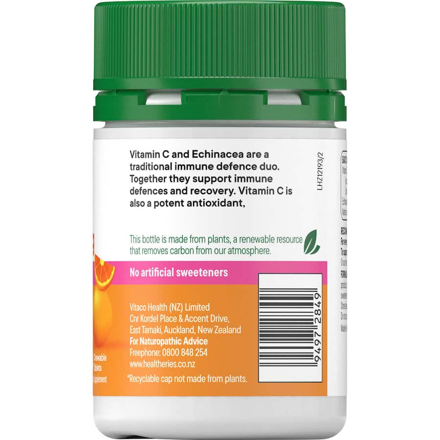 Chewable orange-flavored vitamins with buffered Vitamin C and Echinacea, supporting immune health and respiratory wellness.