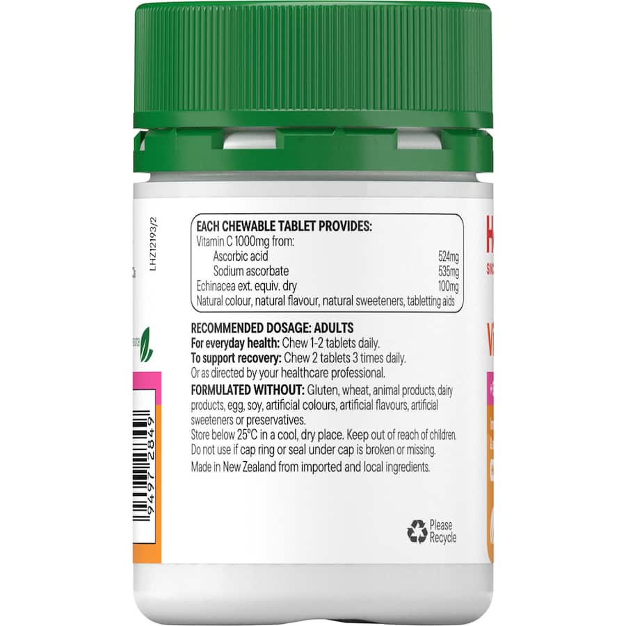 Chewable orange-flavored tablets combining Vitamin C and Echinacea for immune support and respiratory health.
