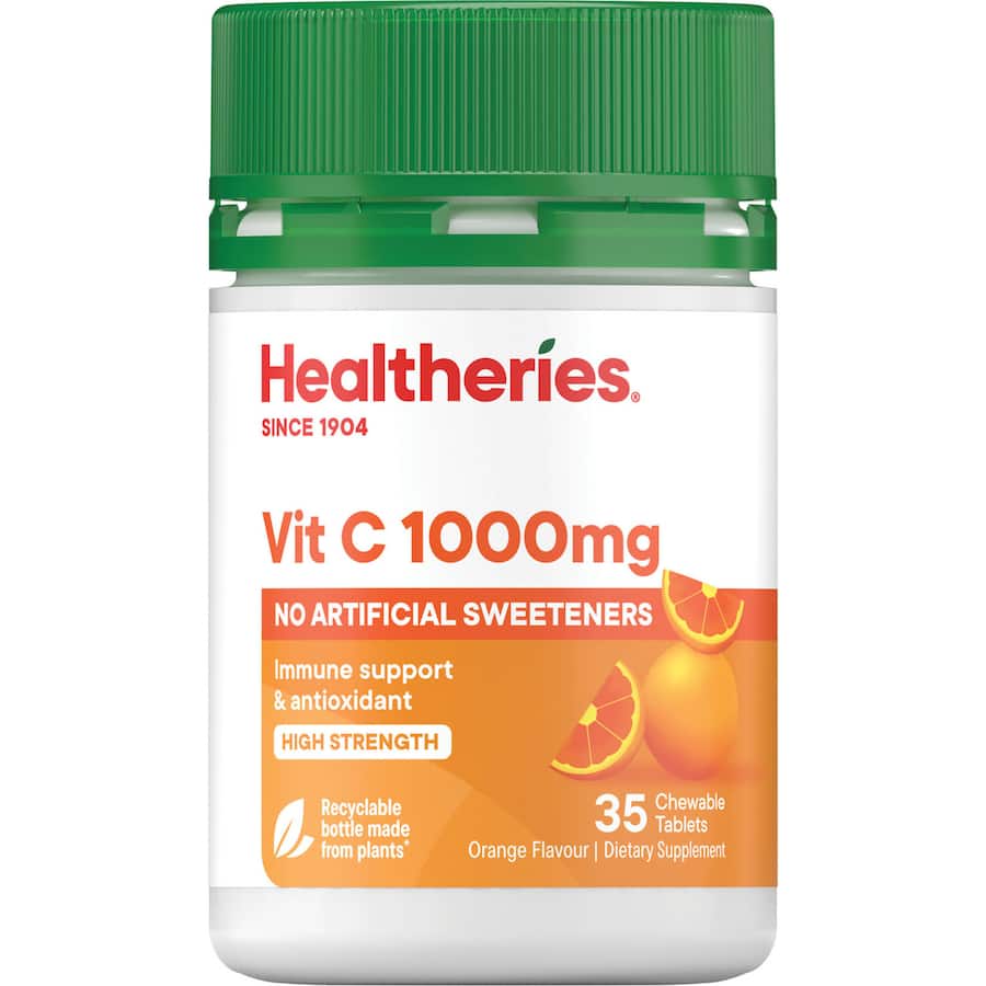 Healtheries Vitamin C Chewable 1000mg tablets in tasty orange flavor, boosting immunity with a gentle, buffered formula.
