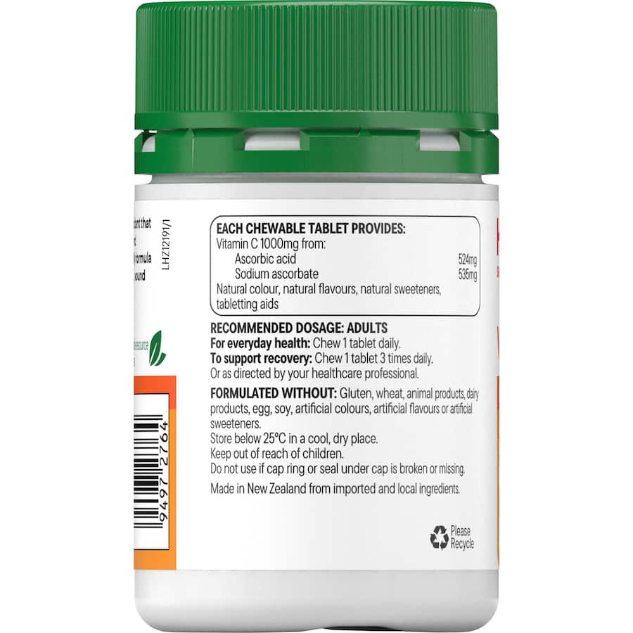 Healtheries Vitamin C Chewable 1000mg tablets in orange flavor, designed to boost immunity and support overall wellness.