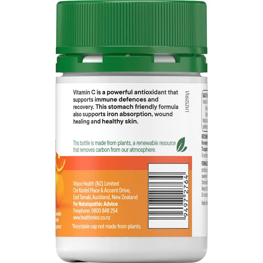 Healtheries Vitamin C Chewable 1000mg tablets, flavorful orange, immune-boosting, stomach-friendly formula for all ages.