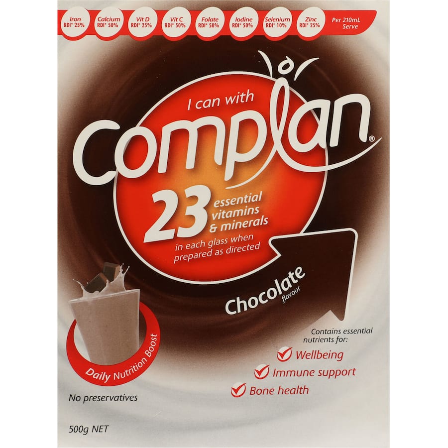 Complan Nutrition Formula Chocolate drink promoting balanced nutrition, packed with vitamins, minerals, and protein for all ages.
