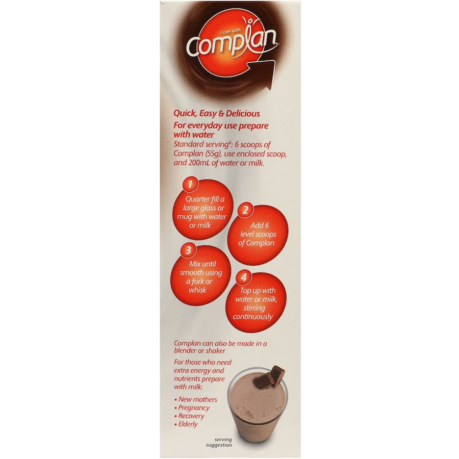 Chocolate-flavored Complan Nutrition Formula, rich in protein and essential vitamins for balanced health and energy.