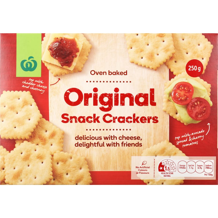 Woolworths Original Crackers are crispy, wheat-based snacks perfect for pairing with cheese and dips, free from artificial additives.